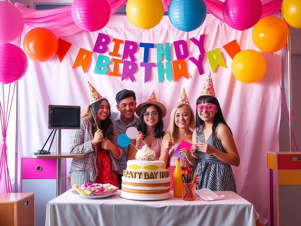 A simple and fun photo booth setup at a birthday party, with colorful decorations and a variety of high-quality props. The environment should be lively, capturing joyful moments of guests enjoying the photo booth experience. Emphasize a vibrant backdrop that reflects the cheerful occasion, showcasing happy faces and playful interactions.