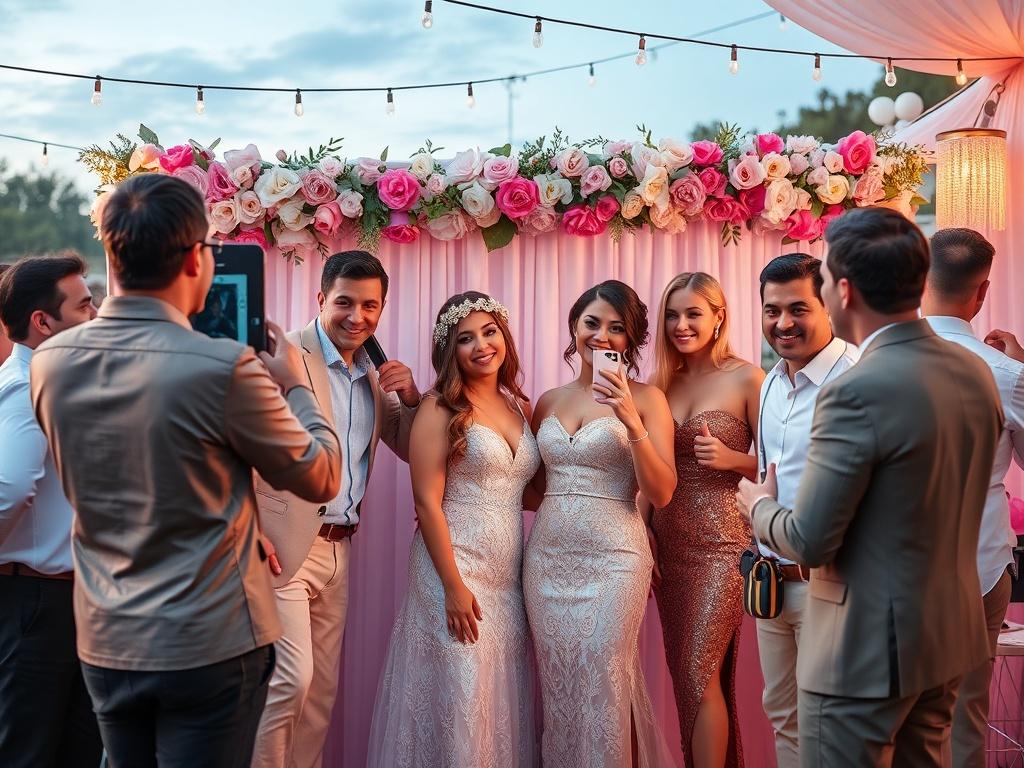 A stylish and elegant photo booth setup at an outdoor wedding reception, showcasing high-quality props and beautiful floral decorations. The setting should be bright and inviting, with guests happily taking photos. Include a backdrop that complements the glamorous theme of the event, focusing on vibrant colors and lively interactions among the attendees.