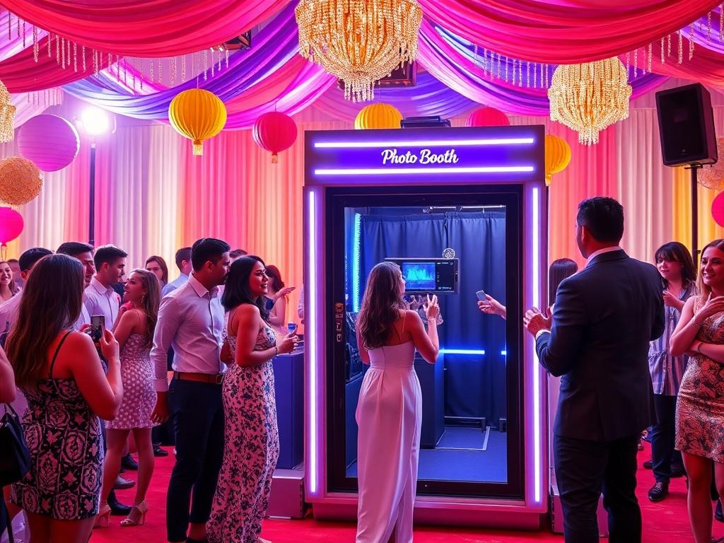 A vibrant and high-resolution photo of a stylish photo booth setup at a lively event. The background features colorful decorations and happy guests engaging with the booth. The photo booth should have a modern design with fun props and a glamorous feel, inviting guests to take pictures together. The overall atmosphere is festive and exciting, capturing the essence of celebration.