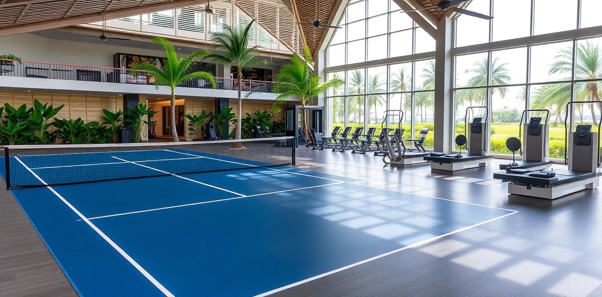 Premium wellness facilities including pickleball courts, gym, pilates studio, and yoga area