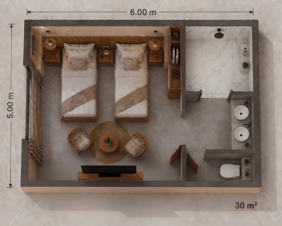 Double/Twin room 30 m² layout and design