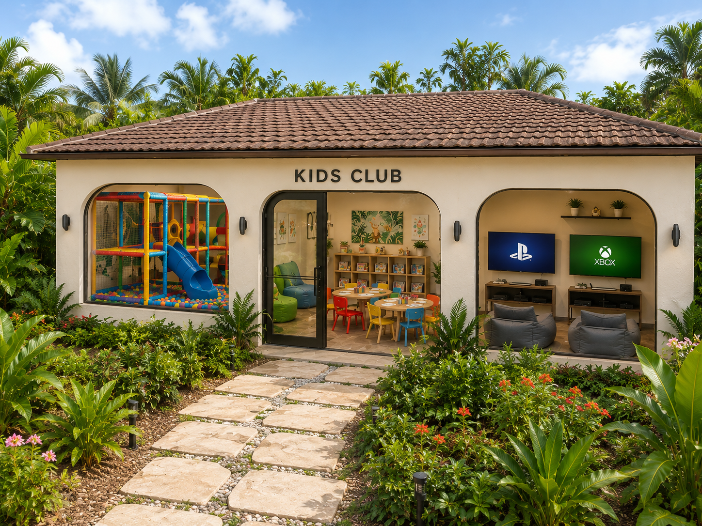 Kids and family entertainment facilities including soft play area, creative activities, and gaming lounge