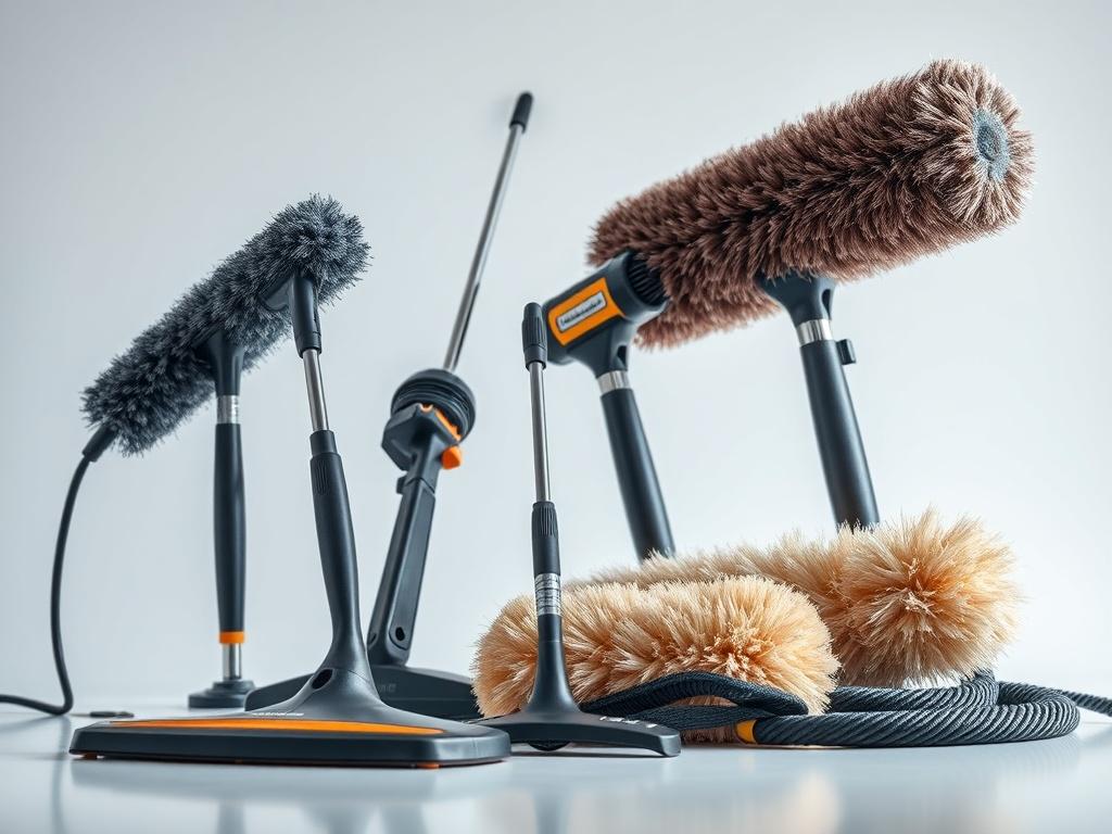 A high-resolution image featuring a set of High Dusting Equipment, including extension tools and dusters displayed prominently against a clean backdrop. The composition should highlight the tools' functionality and quality, suggesting their effectiveness in commercial cleaning settings.