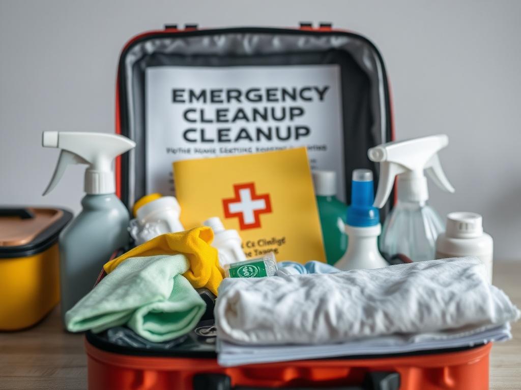 A high-resolution image of an Emergency Cleanup Coordination Kit, featuring its contents neatly arranged, such as cleaning supplies and a guidebook. The background should evoke a sense of readiness and professionalism, with a clean and organized look.
