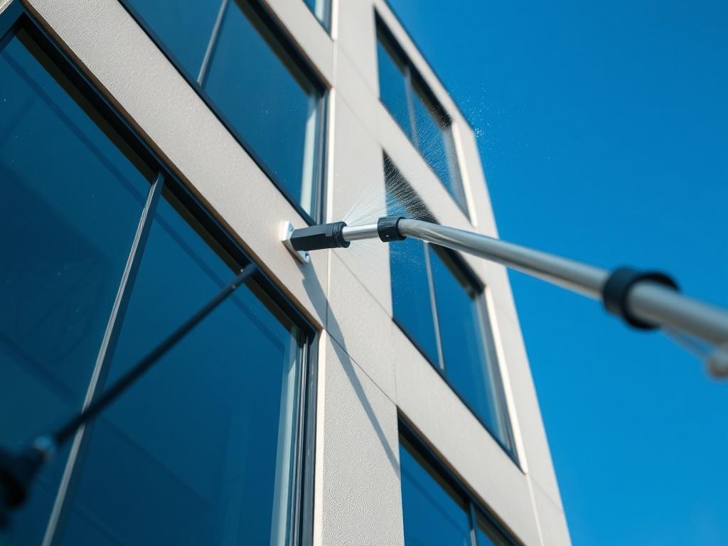 A high-resolution image of a Pure Water Fed Pole Window Cleaning System in action, showcasing the pole reaching high windows of a commercial building. The background should be a clear blue sky, emphasizing the cleaning process, with a focus on the pole and its intricate components. Be sure to capture the essence of professionalism and cleanliness.