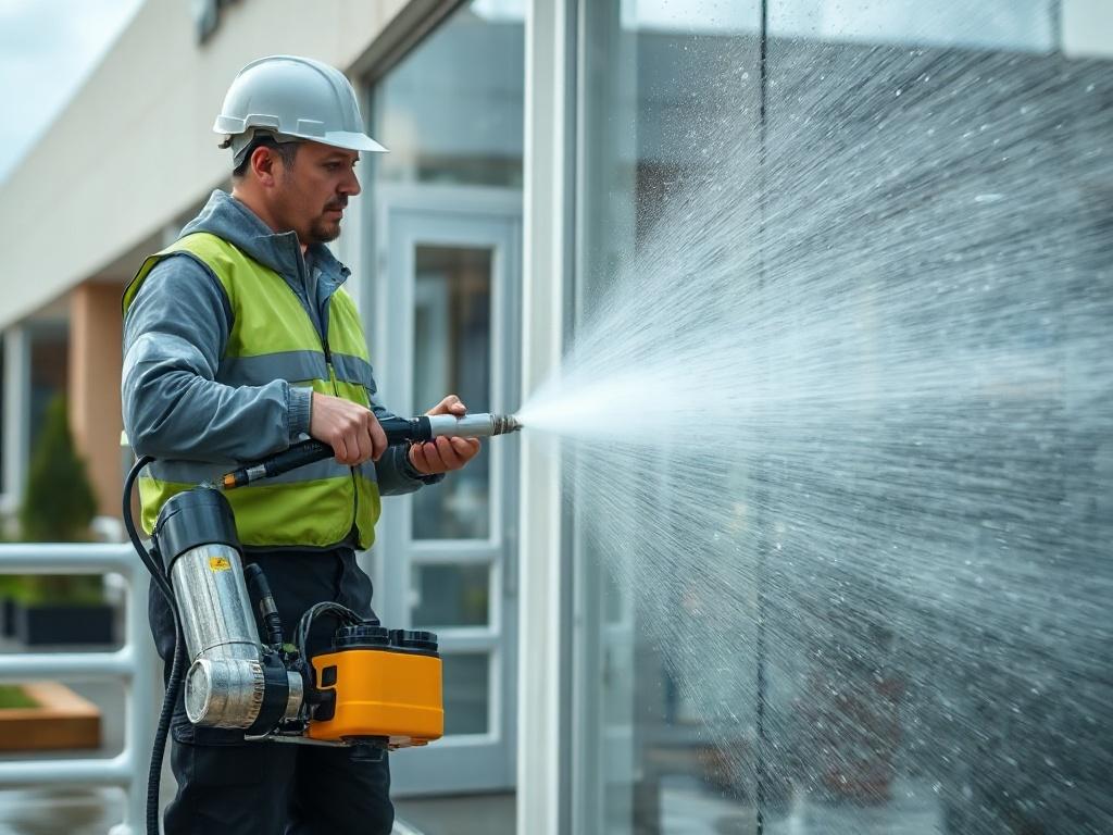 A technician power washing a commercial building's exterior, with visible dirt and grime being removed. The technician is using a powerful machine, and water sprays are visibly cleaning the surface. The background should include parts of the building and surrounding area, showcasing a clean and revitalized environment. The image should focus on the action of power washing, emphasizing the effectiveness of the process.