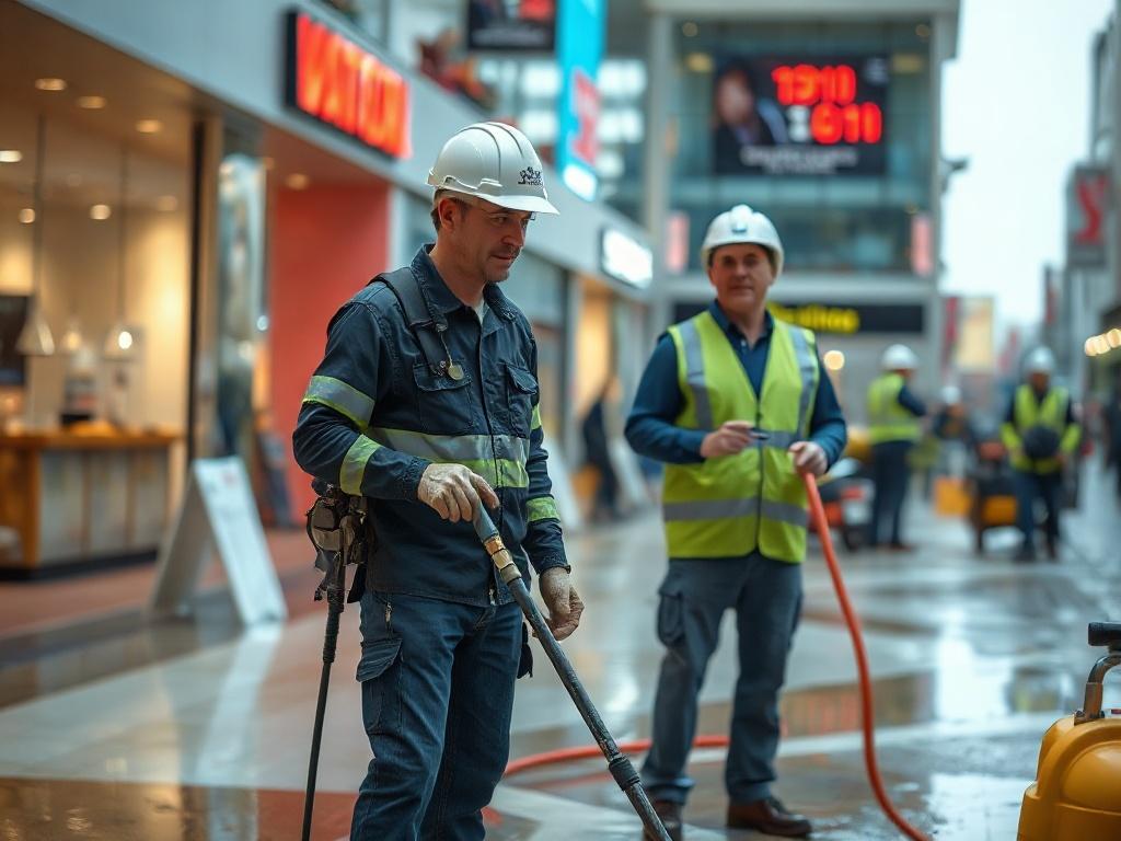An image of a team member coordinating an emergency cleanup at a commercial site. The scene shows workers in action, cleaning up after a water leak with professional equipment. The environment should reflect a bustling commercial setting, highlighting the urgency and efficiency of the cleanup. The focus should be on teamwork and the tools used for rapid response.