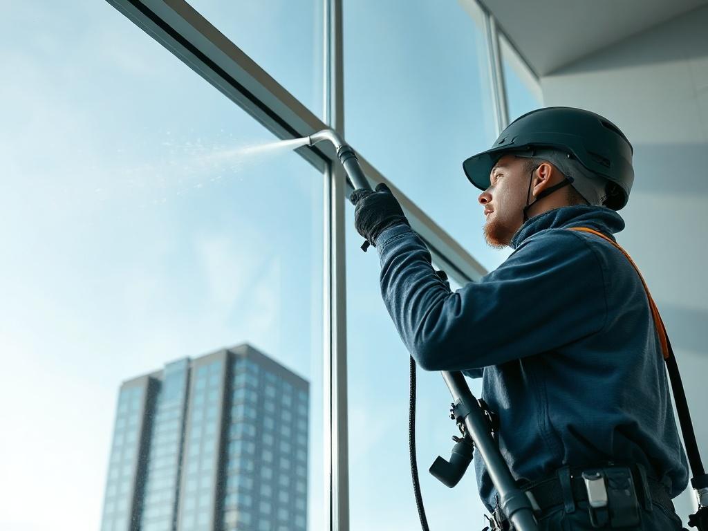 A close-up shot of a technician using a pure water fed pole to clean a high window on a commercial building. The technician is focused, showcasing the pole and cleaning equipment. The background should be a high-rise building, with the sky visible above, creating a clear and professional atmosphere. The image should capture the details of the cleaning process, emphasizing the clarity of the window being cleaned.