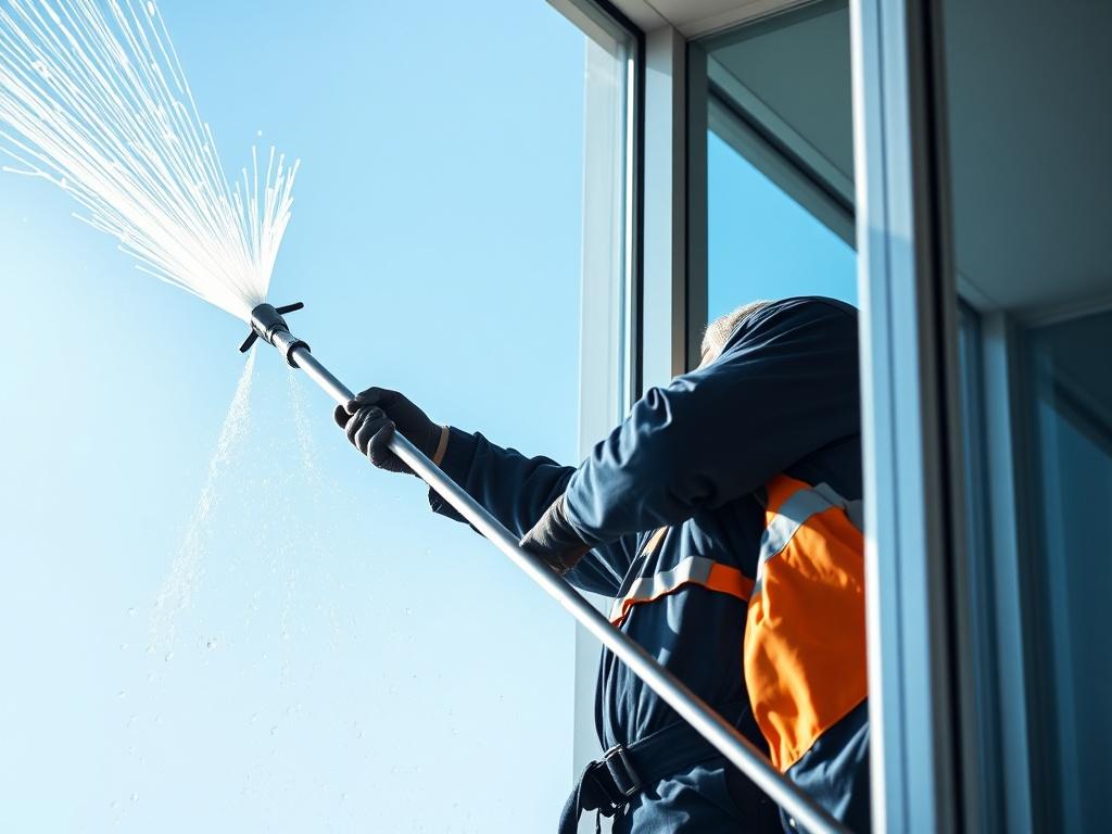 A close-up shot of a professional window cleaner using a pure water fed pole system to clean tall commercial windows. The background shows a modern office building with clear blue sky. The focus is on the cleaner's technique and the sparkling clean windows.