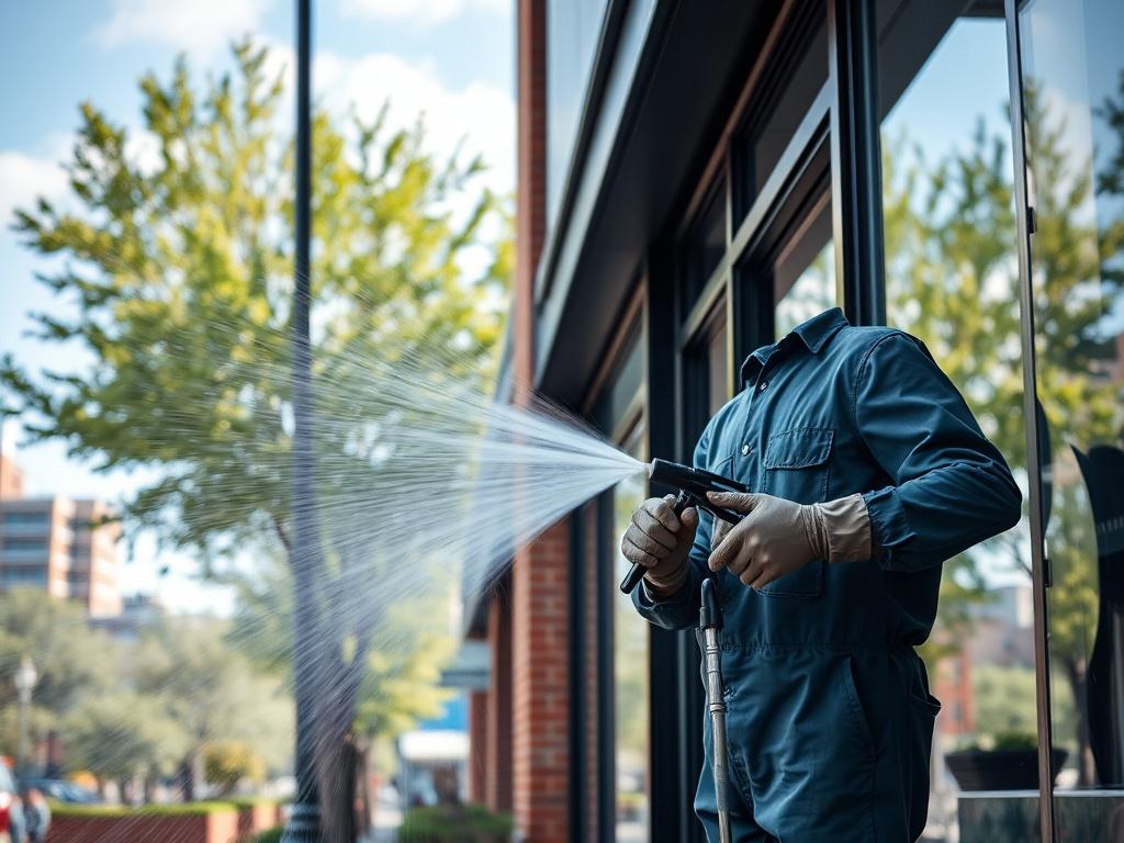 A close-up shot of a professional using a pressure washer to clean the exterior of a commercial building. The background shows a vibrant urban setting with trees and clear skies, emphasizing cleanliness and freshness.