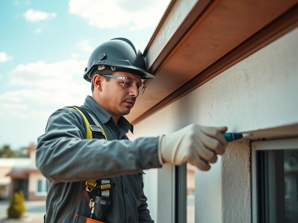 A close-up shot of a technician inspecting a commercial building's roof and walls, using specialized tools and equipment. The background shows a well-maintained commercial property with clear skies, emphasizing professionalism and attention to detail.