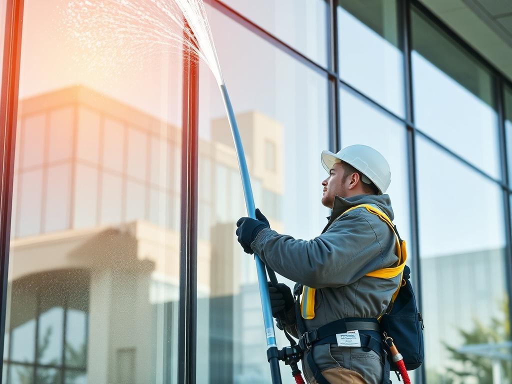 Create a hyper-realistic high-resolution image that captures the essence of the blog titled "Why More Properties Are Switching to Pure Water Window Cleaning." The composition should focus on a professional window cleaner using a pure water fed pole system to clean a large commercial building window. 

**Subject Matter:** The main subject should be a skilled window cleaner in action, demonstrating the use of a pure water fed pole. The cleaner should be dressed in professional attire, showcasing safety gear s