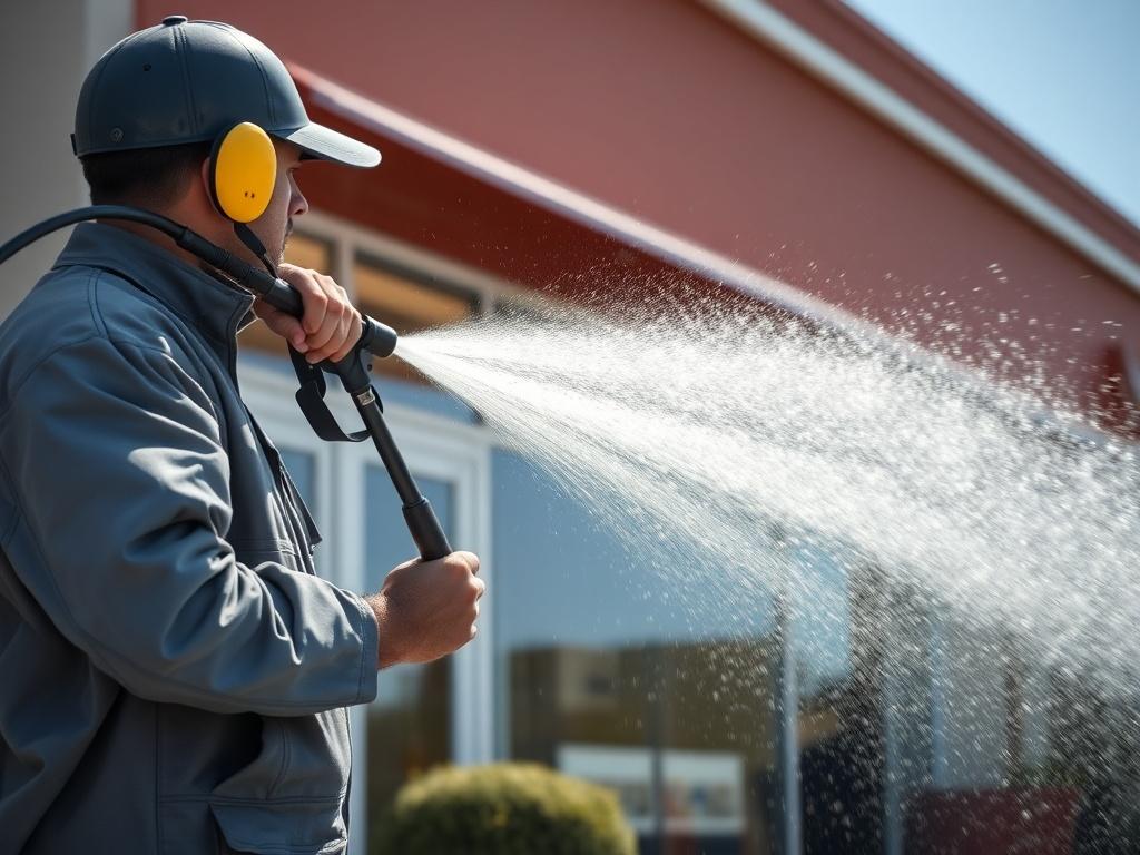 A professional cleaner in action, using a power washer to clean the exterior of a commercial building. The scene should capture the water spray and dirt removal, with the building appearing fresh and clean in the background, under a bright sunny day.