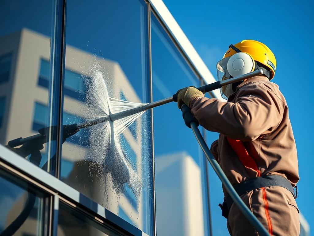 A close-up shot of a professional cleaner using a pure water fed pole to clean a commercial building's windows, showcasing the clarity of the water and the reflection of the building in the glass. The background should be a clear blue sky, emphasizing the high-reach aspect of the cleaning process.