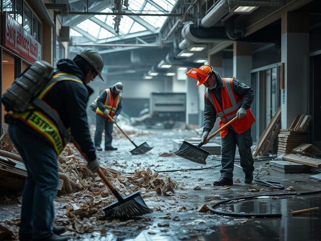 An emergency cleanup team working diligently in a commercial space, clearing debris and cleaning up after a storm. The image should show the team in action, wearing safety gear, with the aftermath of the storm visible in the background, emphasizing the urgency and importance of the cleanup.