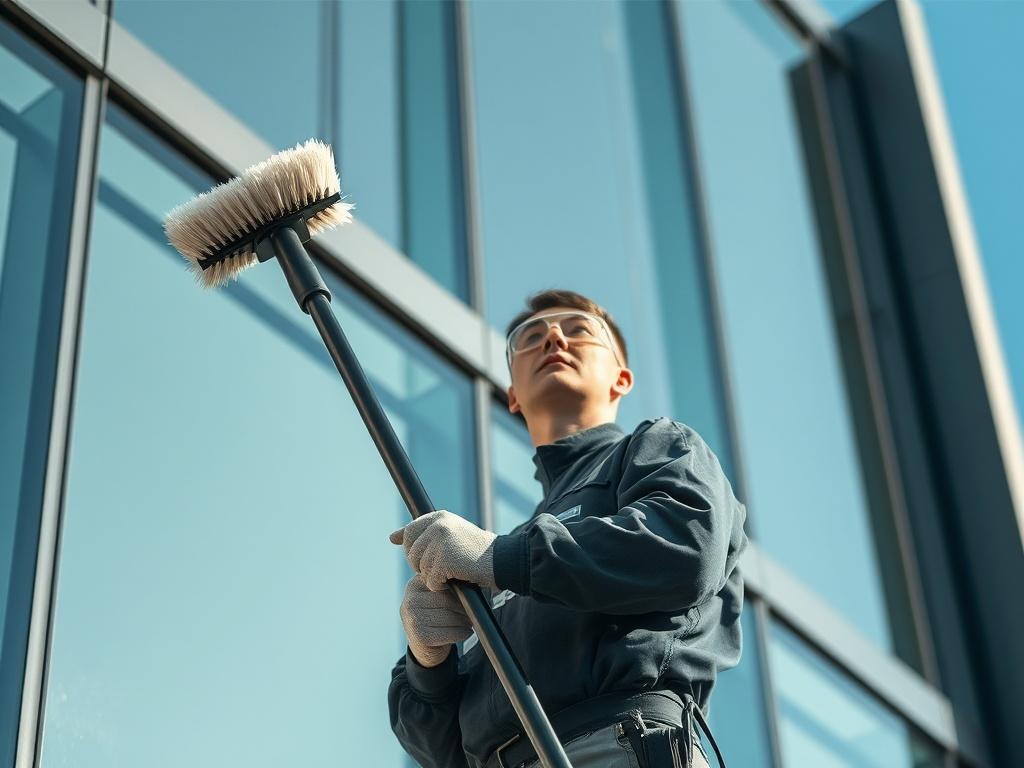 Create a realistic high-resolution photo featuring a single pure water fed pole window cleaning system in action. The main subject should be a window cleaner using a long, slender pole equipped with a brush head, positioned against a tall commercial building with large glass windows. Ensure the cleaner appears focused and professional, wearing safety gear such as gloves and goggles. 

The background should consist of the sleek, modern architecture of the building, showcasing shiny, spotless windows that hig