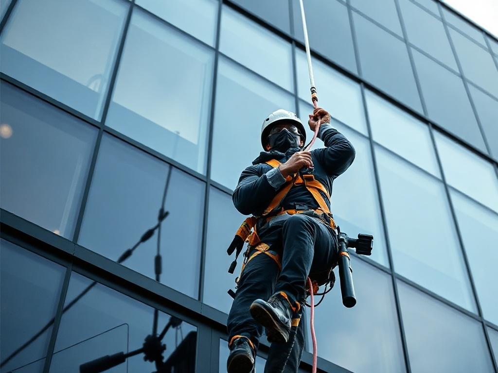 **AI Image Generation Prompt:**

Create a highly detailed and realistic high-resolution photo that captures the theme of "When to Hire a Rope Access Window Cleaning Team for Your Building." The image should feature a single, focused subject: a professional window cleaner in safety gear, securely harnessed and suspended from a multi-story building, expertly cleaning large glass windows using rope access techniques. 

Composition should emphasize clarity, with the window cleaner positioned centrally against t