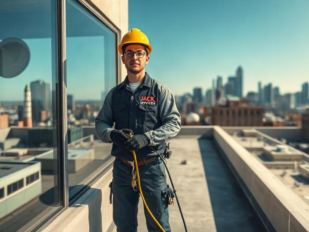 **Prompt for AI Image Generation:**

Create a realistic high-resolution photo that captures the essence of a commercial maintenance company, specifically reflecting Jack Services. The composition should feature a skilled maintenance worker standing confidently on an urban rooftop, equipped with a water-fed pole cleaning system for window cleaning. The worker should be in the foreground, wearing a professional uniform that showcases the logo of Jack Services, utilizing a modern and sleek design.

The subject