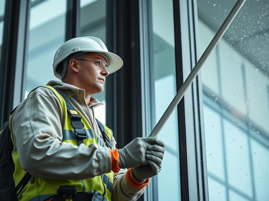 A close-up shot of a worker using a pure water fed pole to clean tall windows of a commercial building. The worker should be focused and wearing safety gear, with sparkling clean windows in the background. The image should capture the clarity of the water and the cleanliness of the windows, with a simple, clear composition.