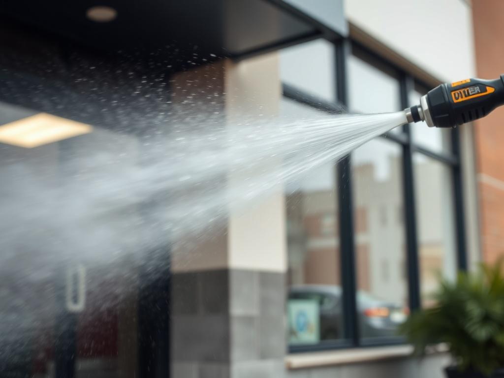 A close-up shot of a power washer in action, cleaning the exterior of a commercial building. The focus should be on the powerful spray of water clearing dirt and grime off the surface, with the pristine building surface visible in the background. The image should convey cleanliness and professionalism.