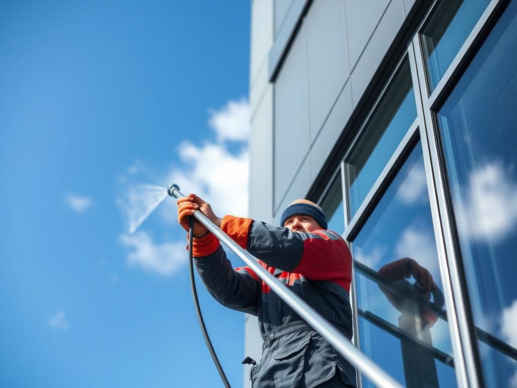 A close-up shot of a professional window cleaner using a pure water fed pole to clean a tall commercial building's windows. The background shows a clear blue sky with a few clouds. The focus is on the window cleaner, showcasing the pole and the gleaming clean window.