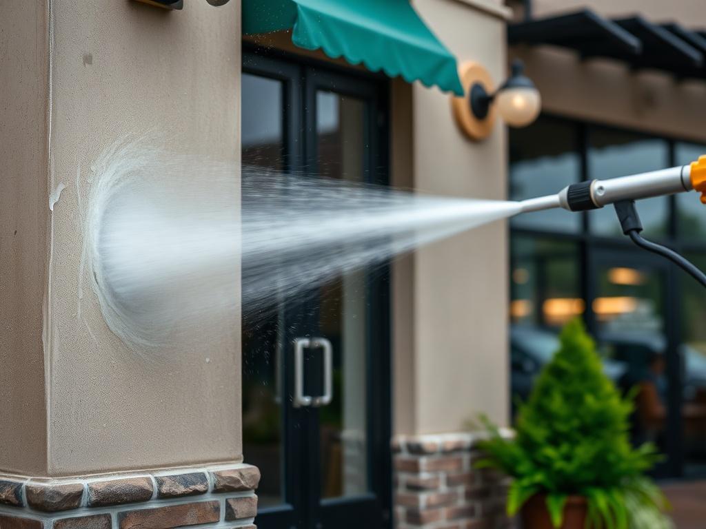 A vivid close-up shot of a commercial building's exterior being cleaned with a pressure washer. The scene captures water spraying off the walls, revealing a clean surface underneath. The background features greenery and an inviting entrance.