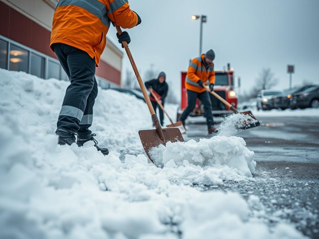 A dynamic close-up shot of a snow removal team clearing snow from a commercial parking lot with shovels and snow plows. The scene captures the snow being pushed aside, revealing clean pavement. A winter landscape surrounds the area.