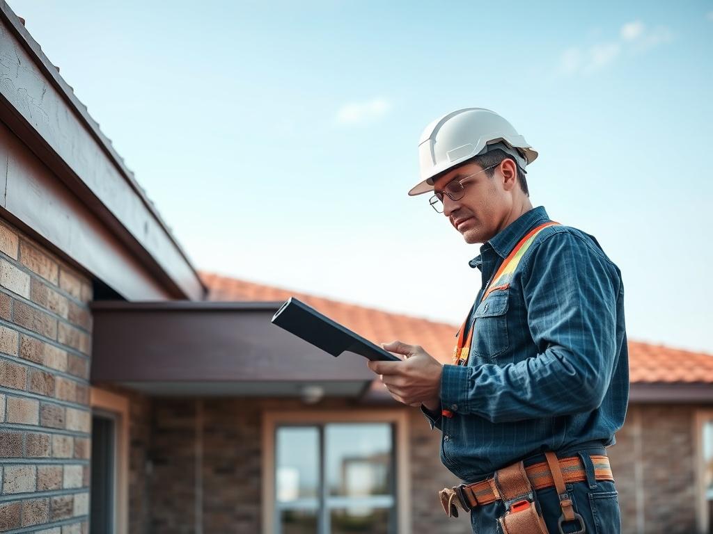 A professional conducting a building envelope inspection, using tools to assess the structural integrity of a commercial building. The image focuses on the inspector analyzing the roof and exterior walls, with a clear view of the building's architectural features in the background.
