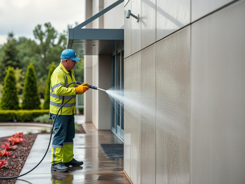 A detailed shot of a professional cleaning crew working on the exterior of a commercial building, using pressure washers and eco-friendly cleaning solutions. The image captures the contrast between the clean and dirty surfaces, highlighting the effectiveness of exterior cleaning. The background shows a well-maintained landscape.