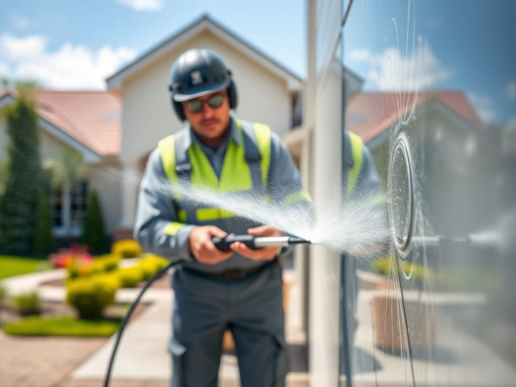 A power washing technician in action, using a high-pressure washer to clean the exterior of a commercial building. The focus is on the bright, clean surface being washed, with water spraying and dirt being removed. The background features a well-maintained property, showcasing the before and after effect of power washing.