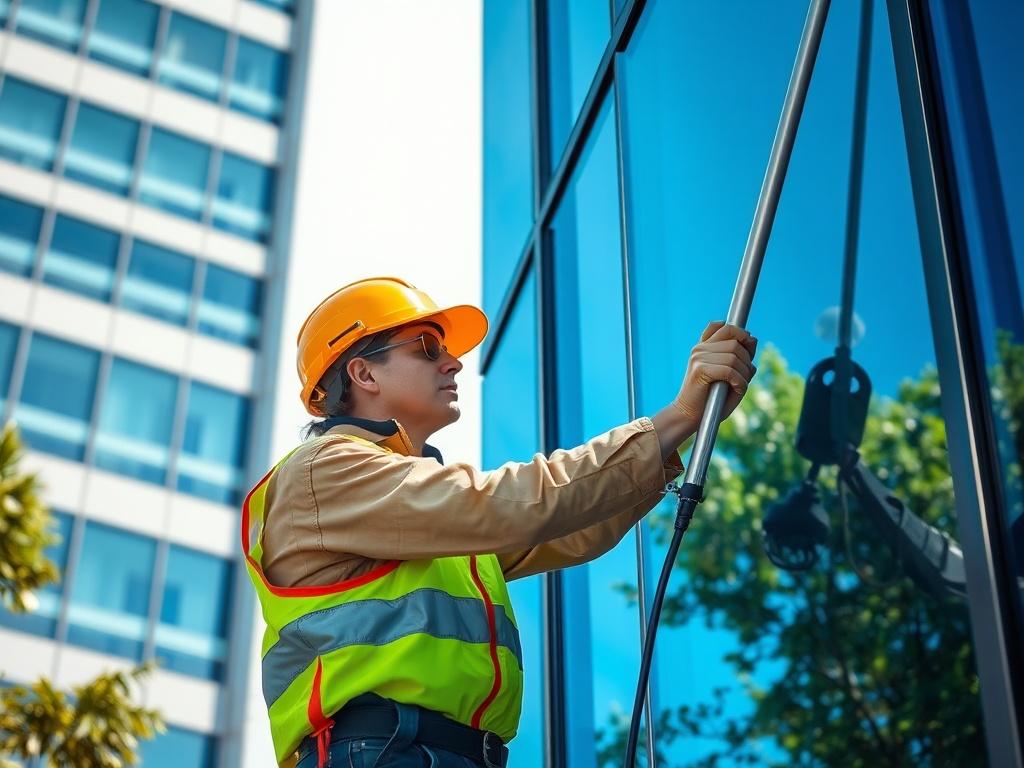 A professional cleaning technician using a pure water fed pole to clean high windows of a commercial building. The technician is focused, wearing safety gear, with the building's clean glass reflecting sunlight. The background shows a clear blue sky and lush green trees, emphasizing cleanliness and professionalism.