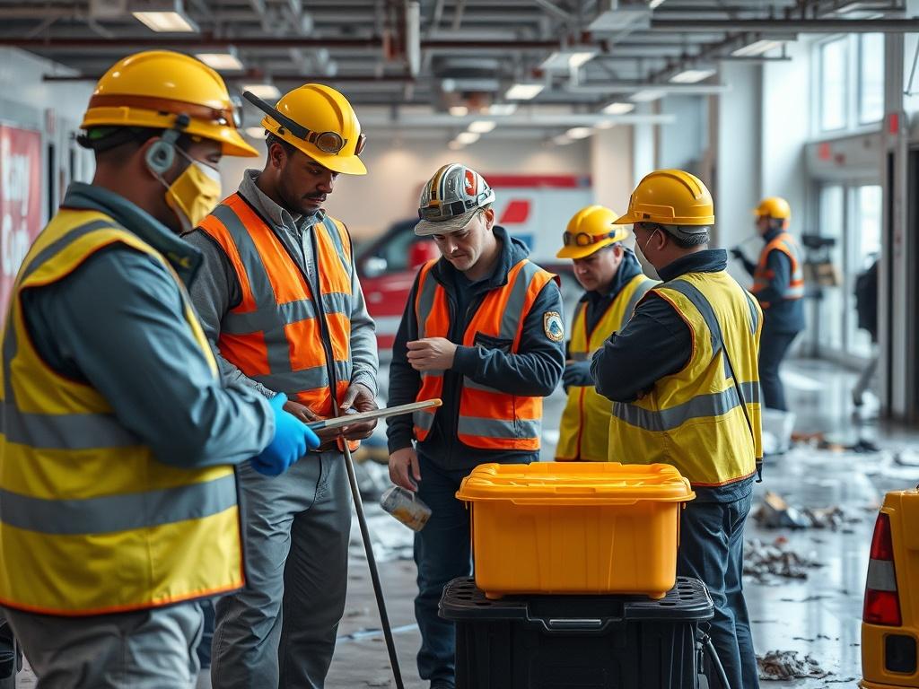 A team of professionals coordinating an emergency cleanup in a commercial space. The scene depicts workers wearing safety gear, assessing the situation, and organizing equipment. The background shows signs of an incident, with a focus on the teamwork and urgency involved in restoring the area.