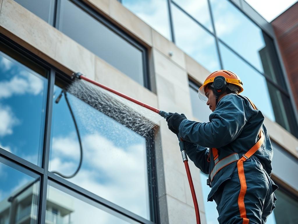 A close-up shot of a professional window cleaner using a pure water fed pole system on a tall commercial building. The background features the building facade with large glass windows reflecting the sky. The focus is on the cleaner in action, showcasing the equipment and the clarity of the cleaned glass.