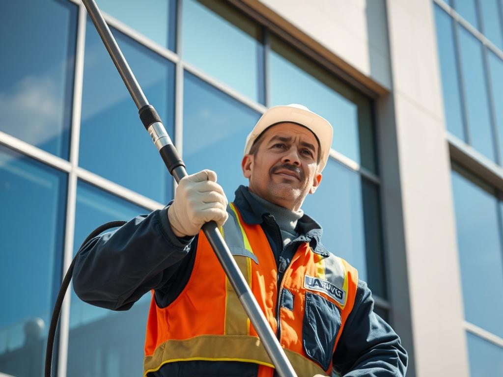 **AI Image Generation Prompt:**

Create a highly realistic high-resolution photo depicting a commercial facility maintenance worker using a water fed pole to clean the exterior windows of a large commercial building. The subject should be prominently centered in the image, wearing a professional uniform with the logo of Jack Services visible. The worker, a middle-aged Caucasian male, should be focused intently on the task at hand, showcasing the specialized equipment in full action.

The background should f