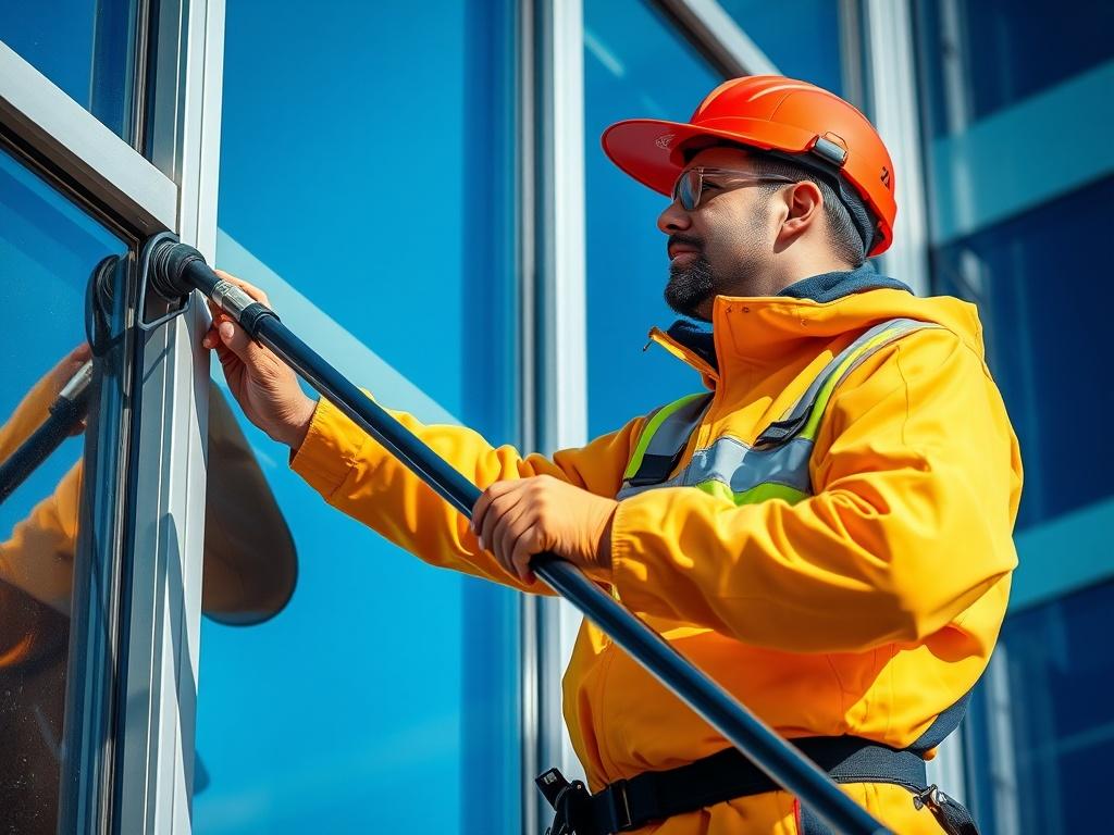 A close-up shot of a professional facility maintenance technician using a pure water fed pole to clean a large commercial building window. The technician is focused and diligent, showcasing the high-reach cleaning method without scaffolding. The background features a clear blue sky and the sleek exterior of the building, emphasizing cleanliness and professionalism. The image should be hyper-realistic and rendered in vibrant colors, with a focus on the technician's specialized equipment.