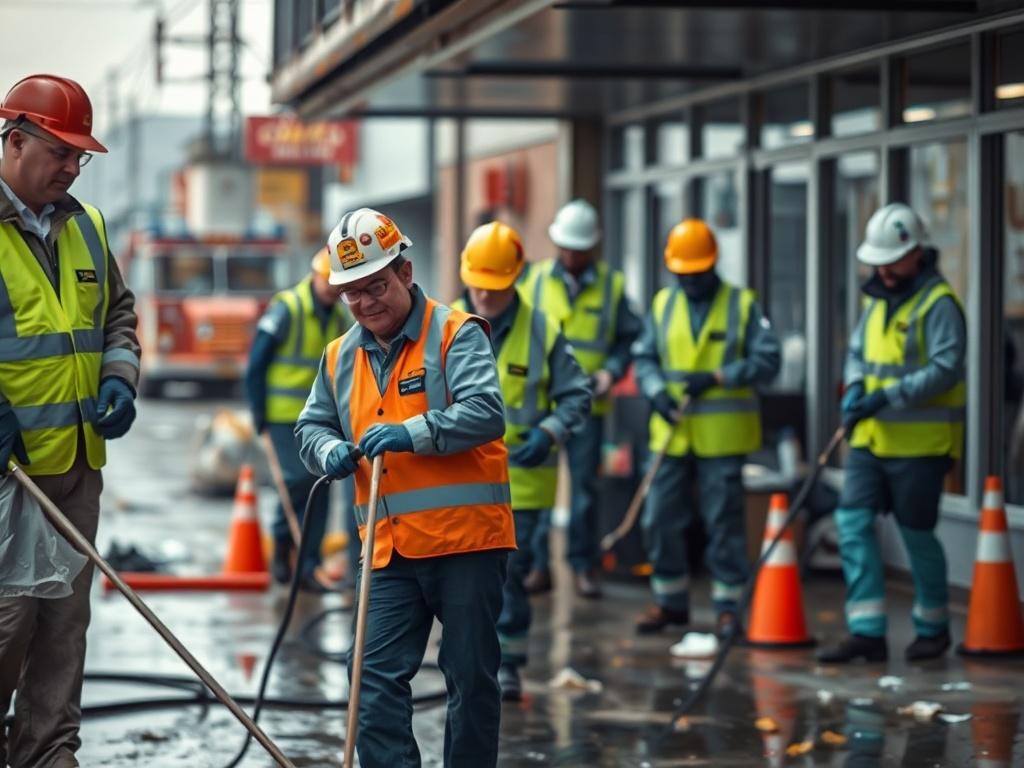 A focused shot of a team coordinating emergency cleanup efforts at a commercial property. The image shows workers in safety gear, actively cleaning and restoring the area, with visible signs of damage in the background. The photo should be vibrant and detailed, captured with a 45mm f/1.2 lens, showcasing the urgency of the situation while reflecting colors of rgb(70, 130, 180).