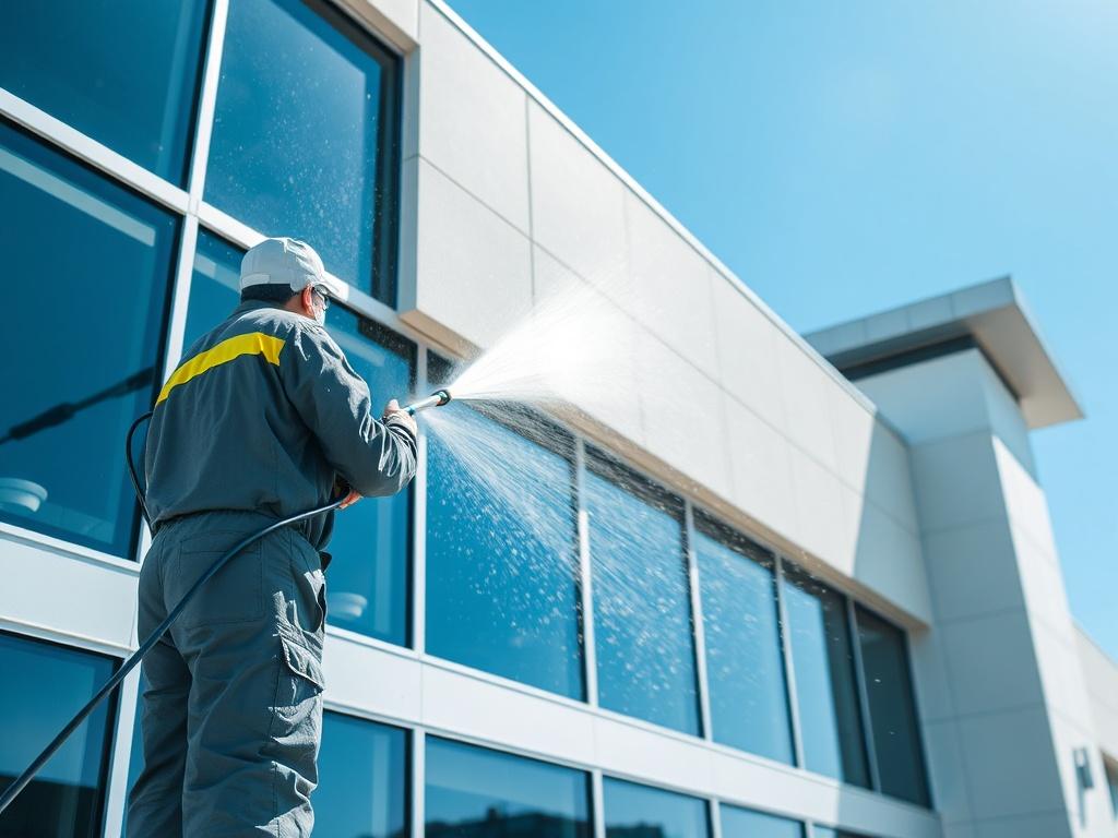 A hyper-realistic image of a commercial building during an exterior cleaning process, showing a cleaner using a pressure washer on the facade. The background features a bright blue sky, and the building's surfaces are sparkling clean, emphasizing the effectiveness of the cleaning process.