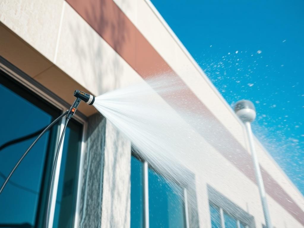 A high-resolution close-up shot of a professional power washing a commercial building's exterior. The image captures the moment water sprays against the wall, showcasing a clean and shiny surface. The background features a blue sky, emphasizing the cleanliness and brightness of the building. The image style should reflect a 45mm f/1.2 lens, with colors matching rgb(70, 130, 180).