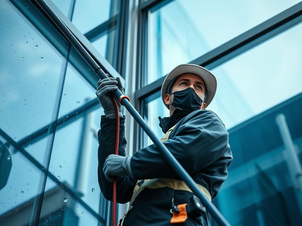 A close-up view of a professional using a pure water fed pole cleaning system on a tall commercial building's window. The focus is on the worker in action, with sparkling clean glass in the background. The image is shot with a 45mm f/1.2 lens style, showcasing the clarity of the water and the reflection of the blue sky. The overall color tone should reflect rgb(70, 130, 180).