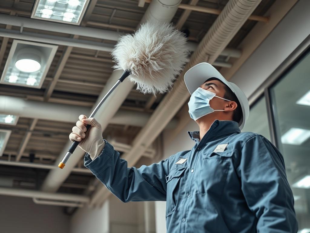 A realistic shot of a technician performing high dusting in a commercial space, using a long pole and duster to reach high ceilings. The image should capture the attention to detail and safety measures in place, with a focus on cleanliness and professionalism.