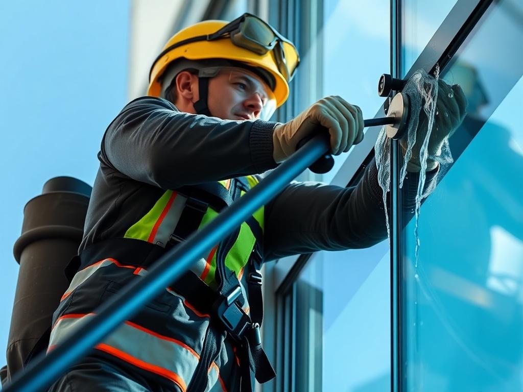 A close-up shot of a worker using a pure water fed pole to clean a high-rise window, with a clear blue sky in the background. The worker is wearing safety gear and focused on the task, showcasing the innovative cleaning technology. The image should be hyper-realistic and highlight the clarity of the window after cleaning.
