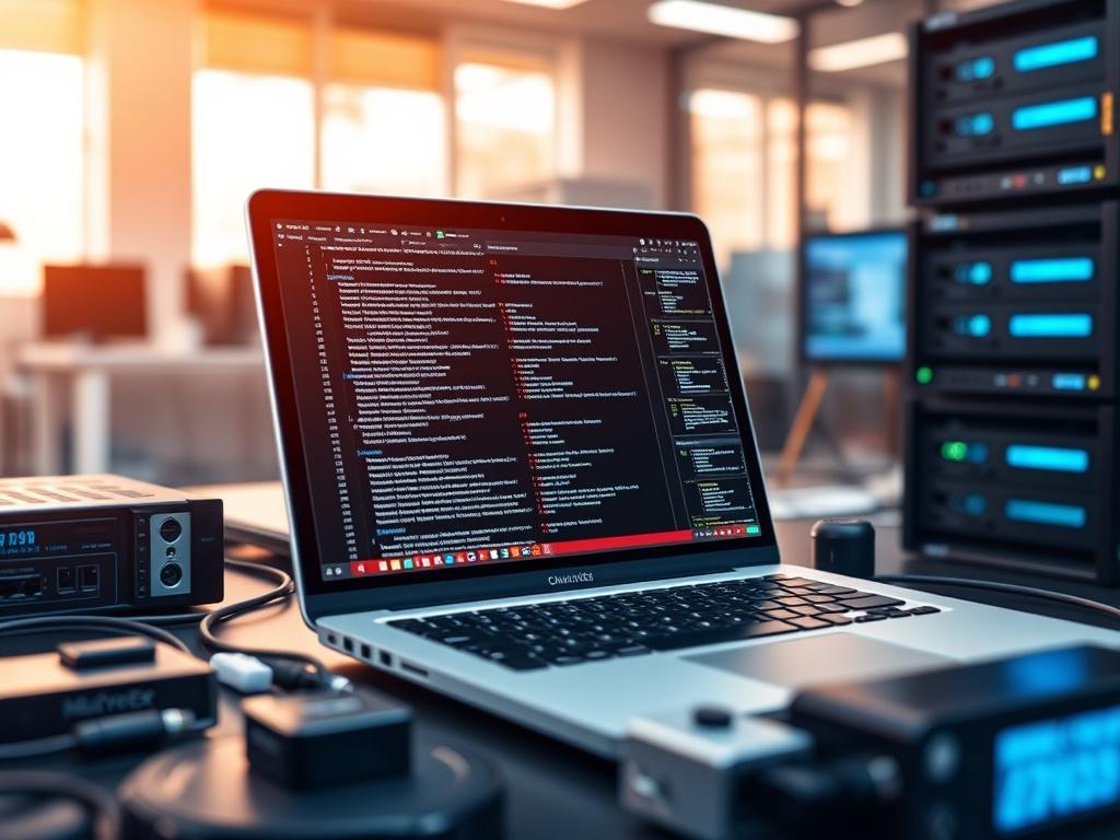 A hyper-realistic close-up shot of a modern, sleek laptop open to a screen displaying complex code and analytics, surrounded by high-tech gadgets like cloud servers and network devices. The background is a blurred office environment with warm lighting, creating a professional and innovative atmosphere. Shot with a 45mm f/1.2 lens style.