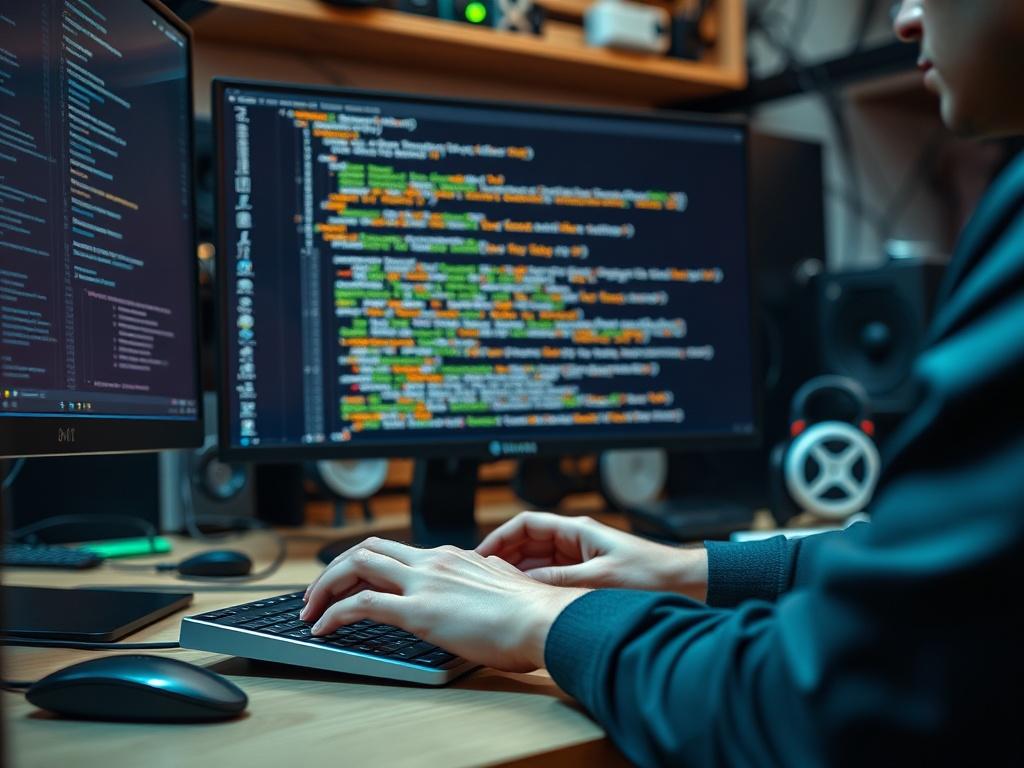 A hyper realistic close up shot of a developer typing