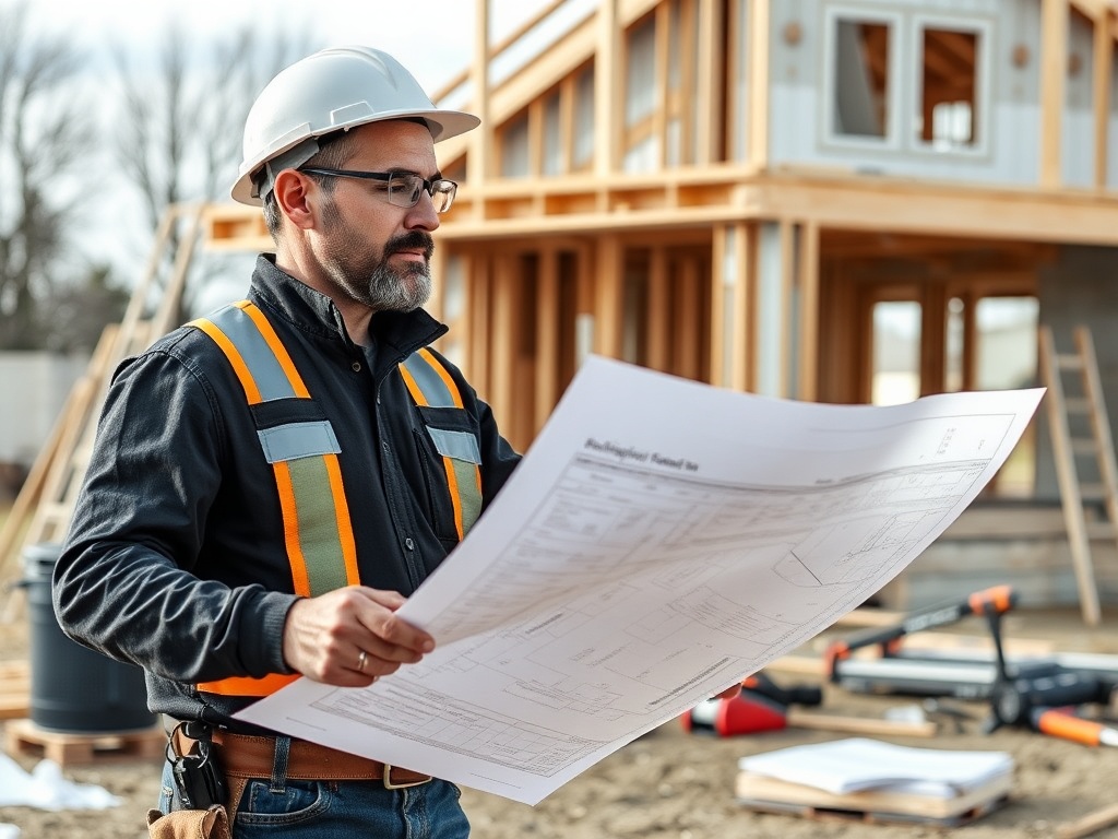 General contractor reviewing blueprints on construction site