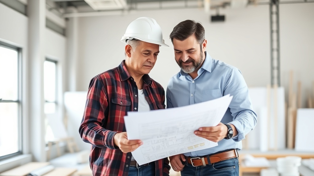 Professional contractor and homeowner reviewing plans