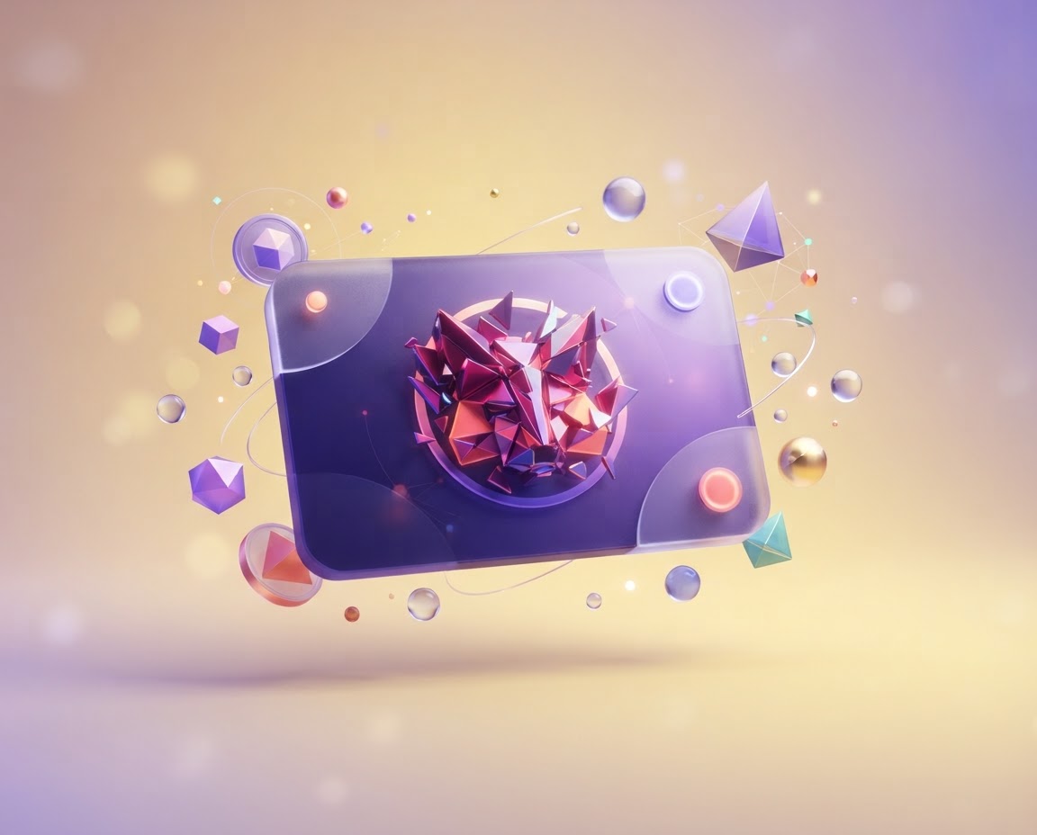 A colorful floating wallet card surrounded by playful digital tokens