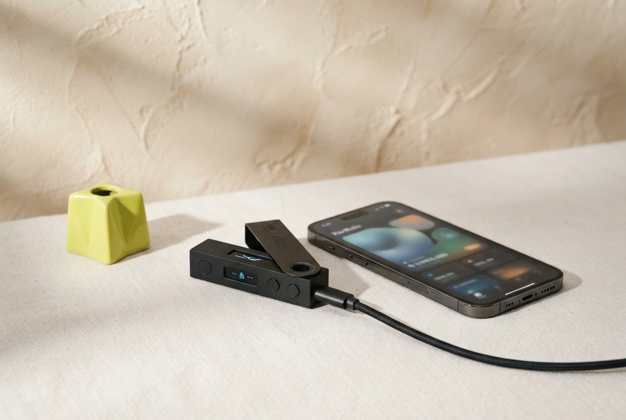 A hardware wallet and smartphone arranged in a warm studio still life