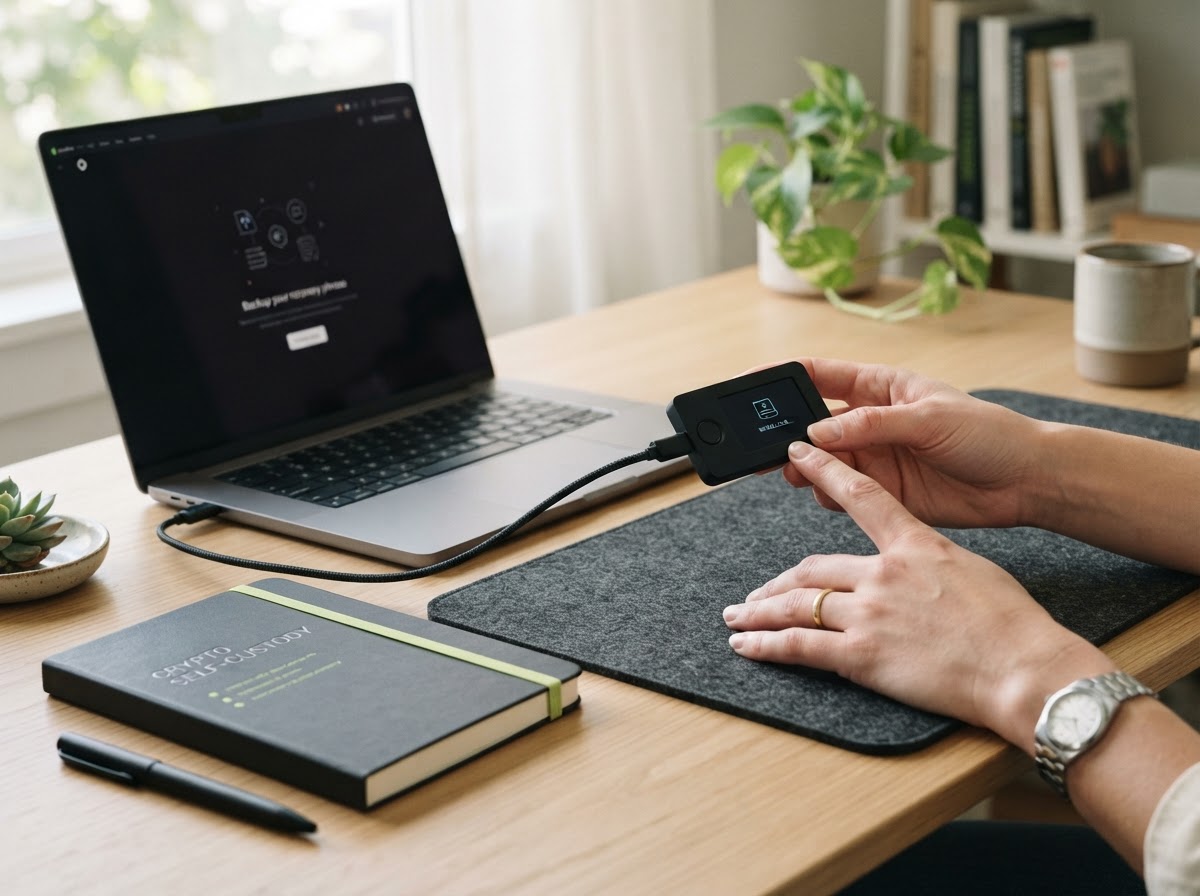Hands setting up a hardware wallet at a bright desk