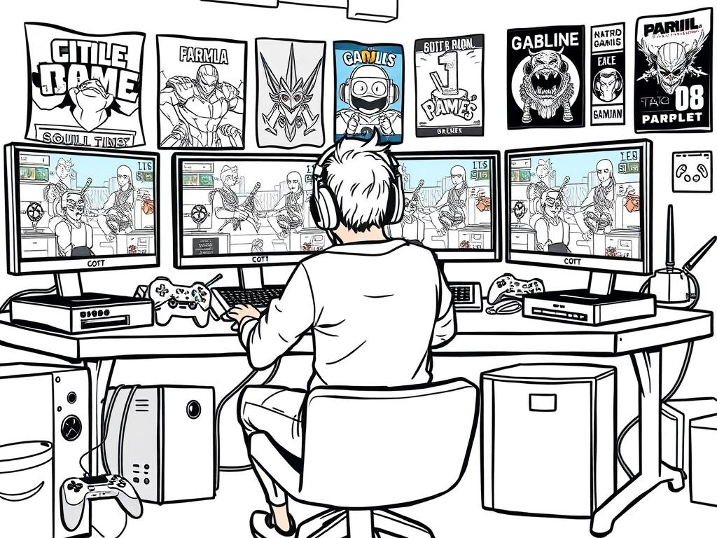 A high-quality illustration of a gamer sitting comfortably at a desk with multiple screens displaying various online games. The gamer is immersed in the gaming experience, wearing a headset and showing excitement. The background is filled with gaming paraphernalia like controllers and posters of popular games. The overall atmosphere is vibrant and energetic, capturing the essence of online gaming.