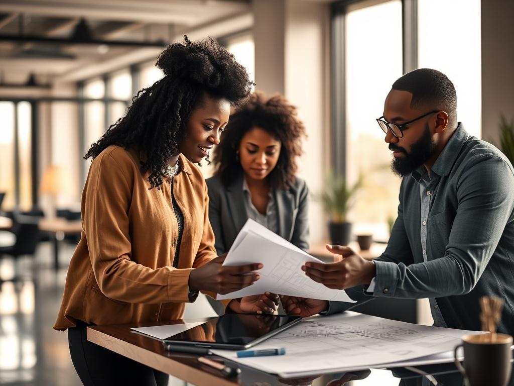 A realistic high-resolution photo featuring a dynamic team of diverse individuals working collaboratively in a modern office environment. The scene should include a Black woman and a Black man discussing plans over a table filled with blueprints and digital devices. The background should be softly blurred, showcasing a stylish office with large windows allowing natural light to flood in, emphasizing a vibrant and innovative atmosphere.